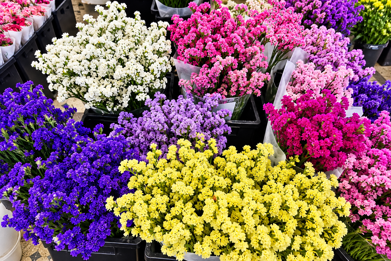 Mercado floral de estatice multicolor