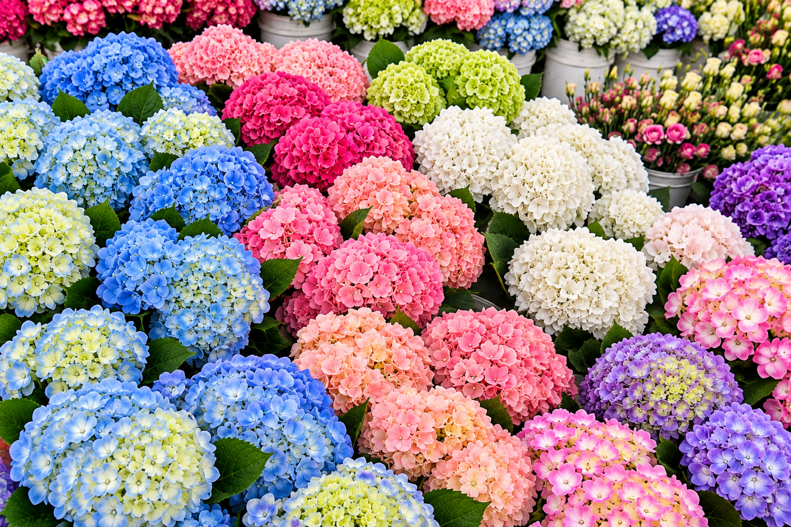 Mosaico vibrante de hortensias frescas